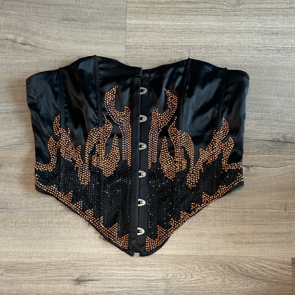 Akira Black Satin Flame-Embellished Corset Top